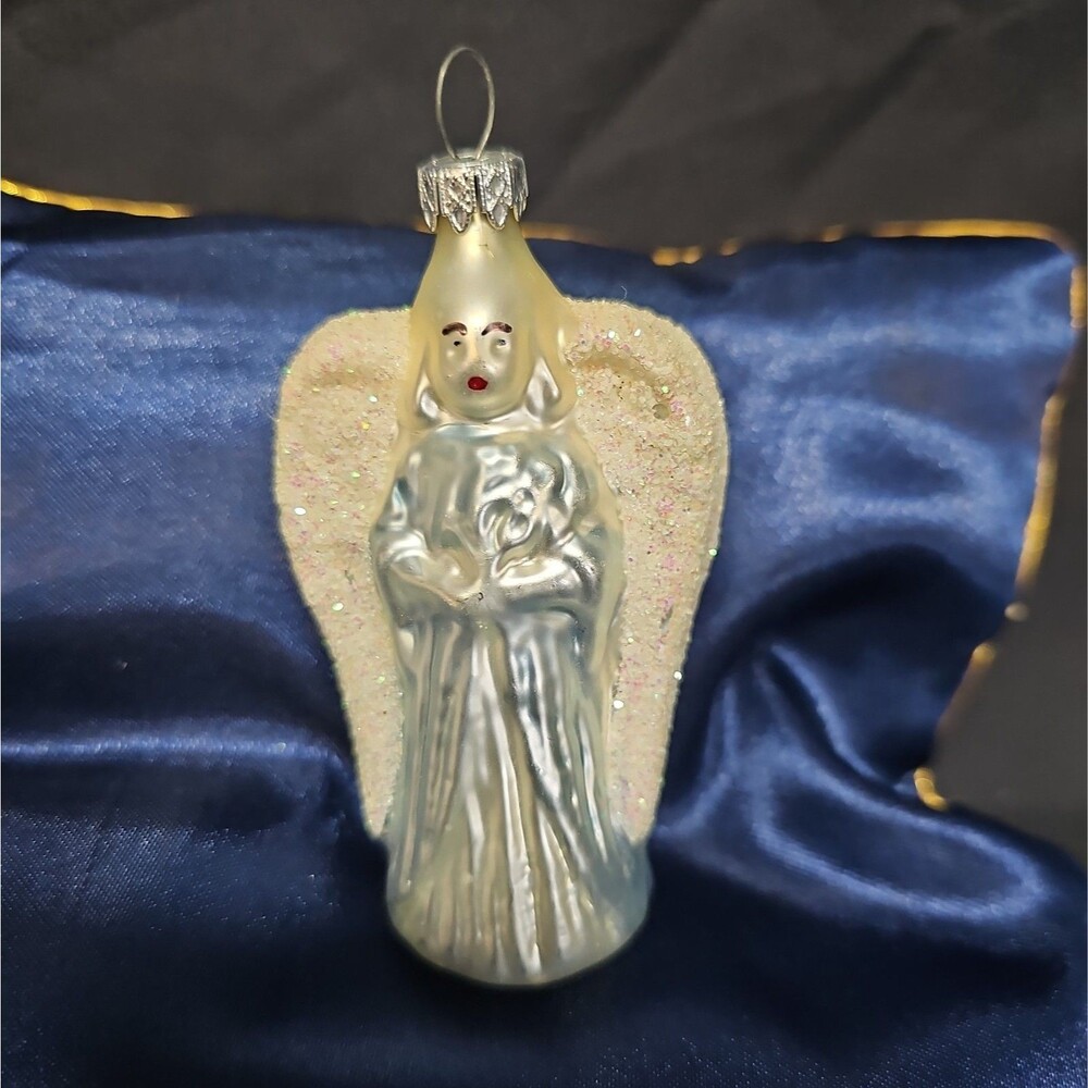 Vintage Painted Glass Figural Winged Angel Christmas Ornaments Glitter Wings 4"